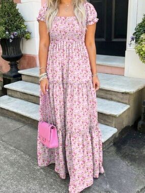 Pink Floral Smocked Tiered Maxi Dress for women